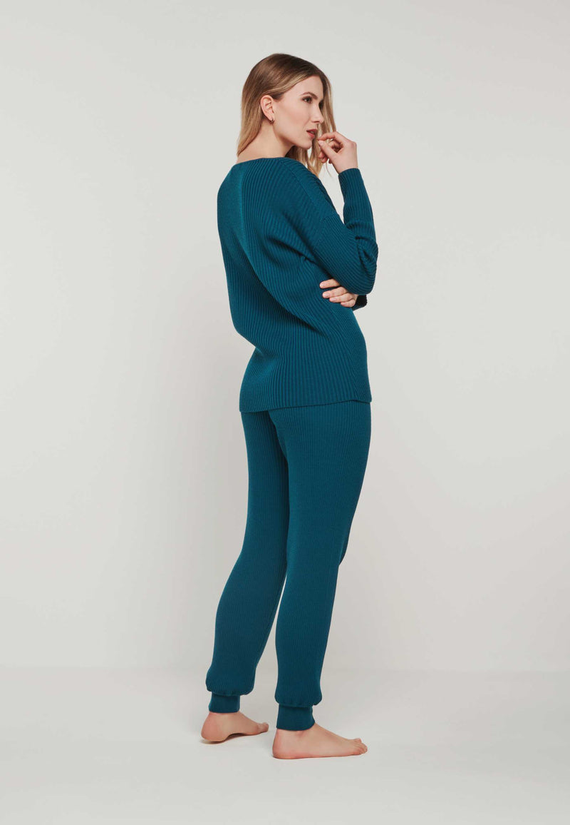 Luxus Damen Loungewear Strickhose aus Merino in petrol-blau