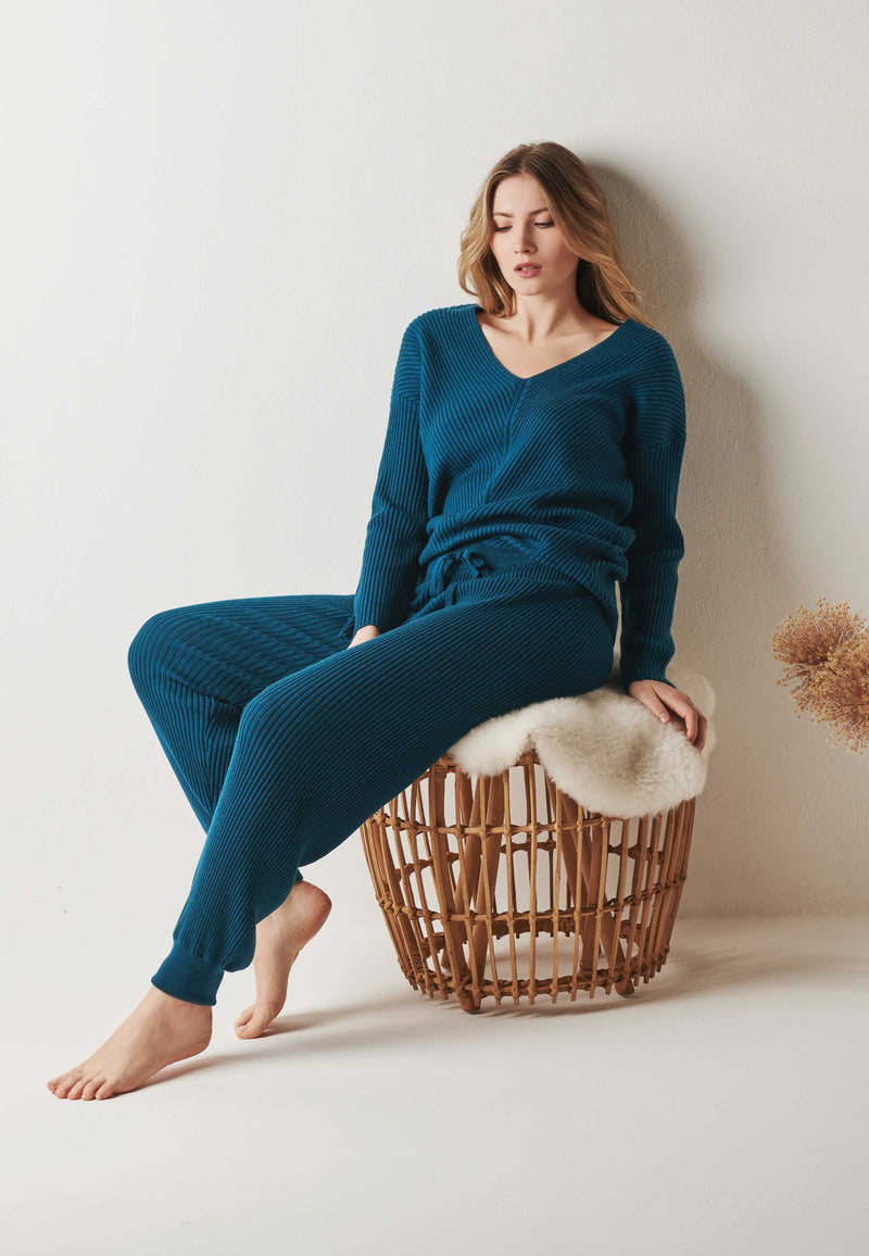 Damen Homewear Set in blau mit Strickhose BLOSSOM