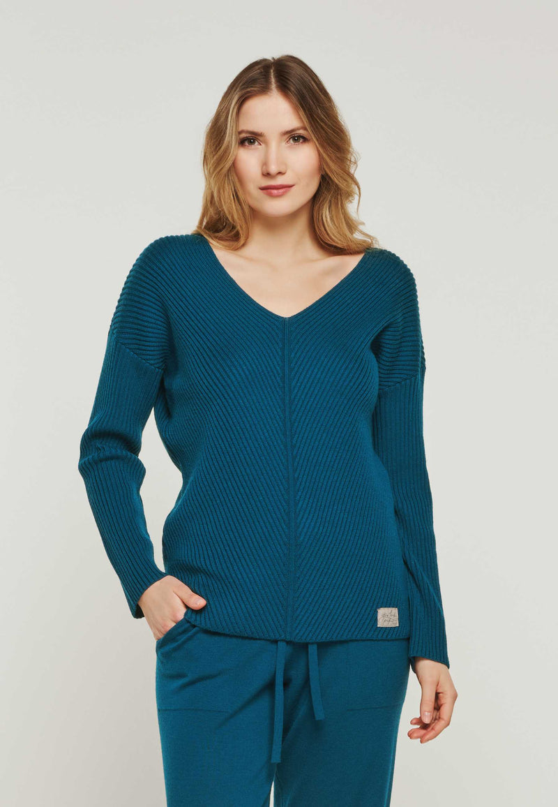 Petrol-blauer Strick-Pullover mit V-Ausschnitt aus 100% Merinowolle