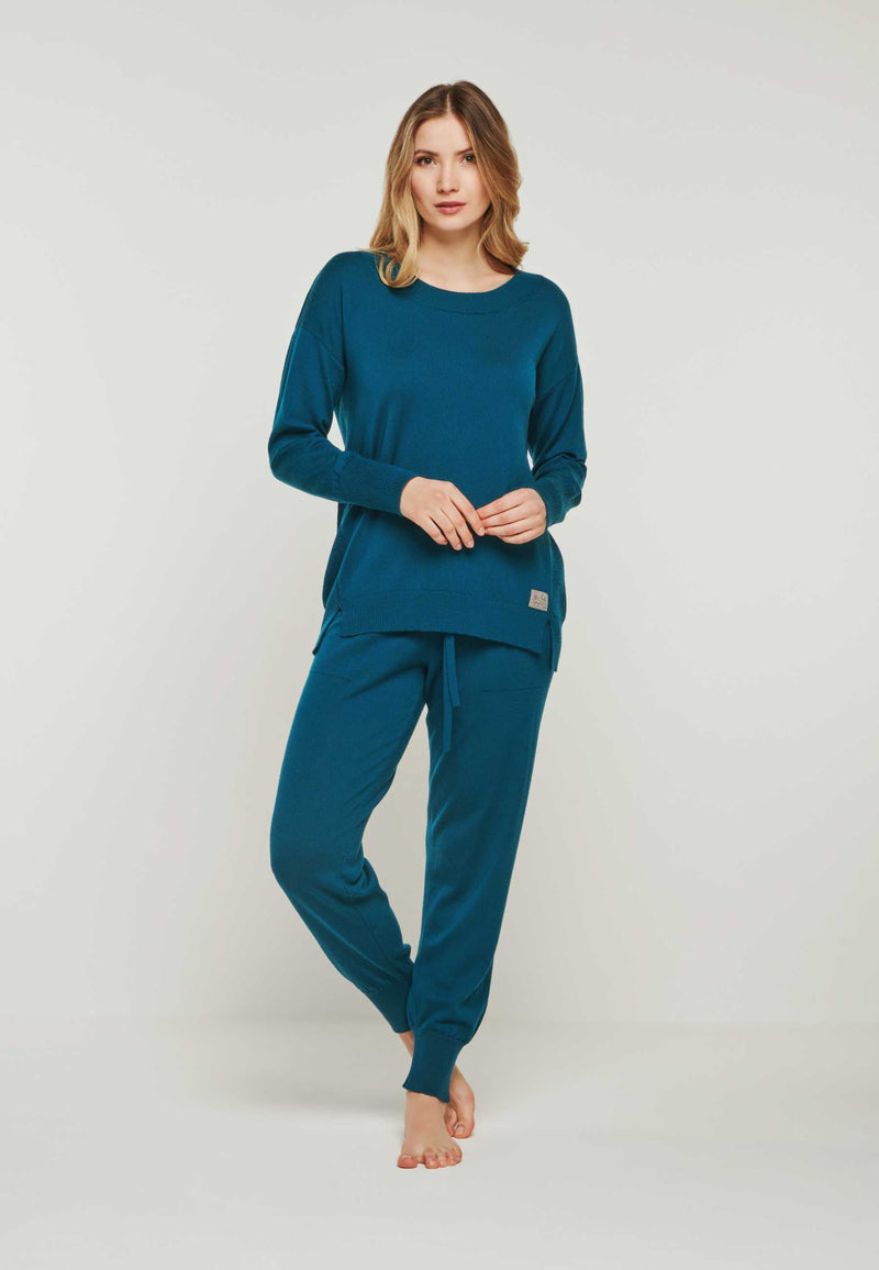 Loungewear Set für Damen mit Rundhalspullover BELLA in petrolblau